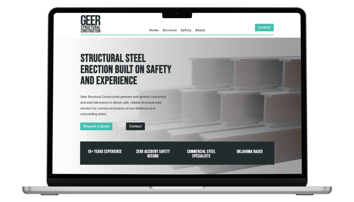 Website design for Geer Structural Construction displayed on laptop, showcasing a high-performance business website built by JunglFire.
